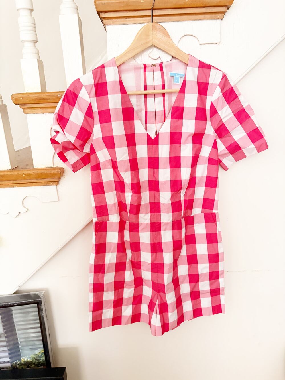 Draper James Pink White Gingham Cotton Preppy Romper V Neck Pockets Size 2